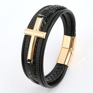 Elegant Men's Black Leather Bracelet with Gold Cross New